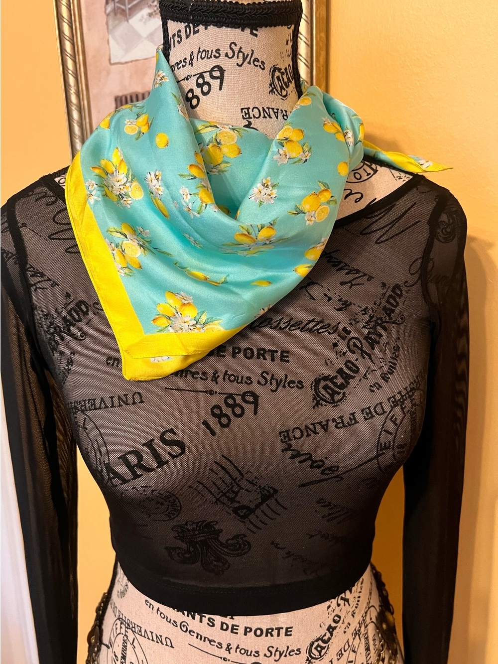 Barbieri Aqua and Yellow lemonSilk-Feel made Italy Neck Scarf 10X10 - Picture 4 of 10